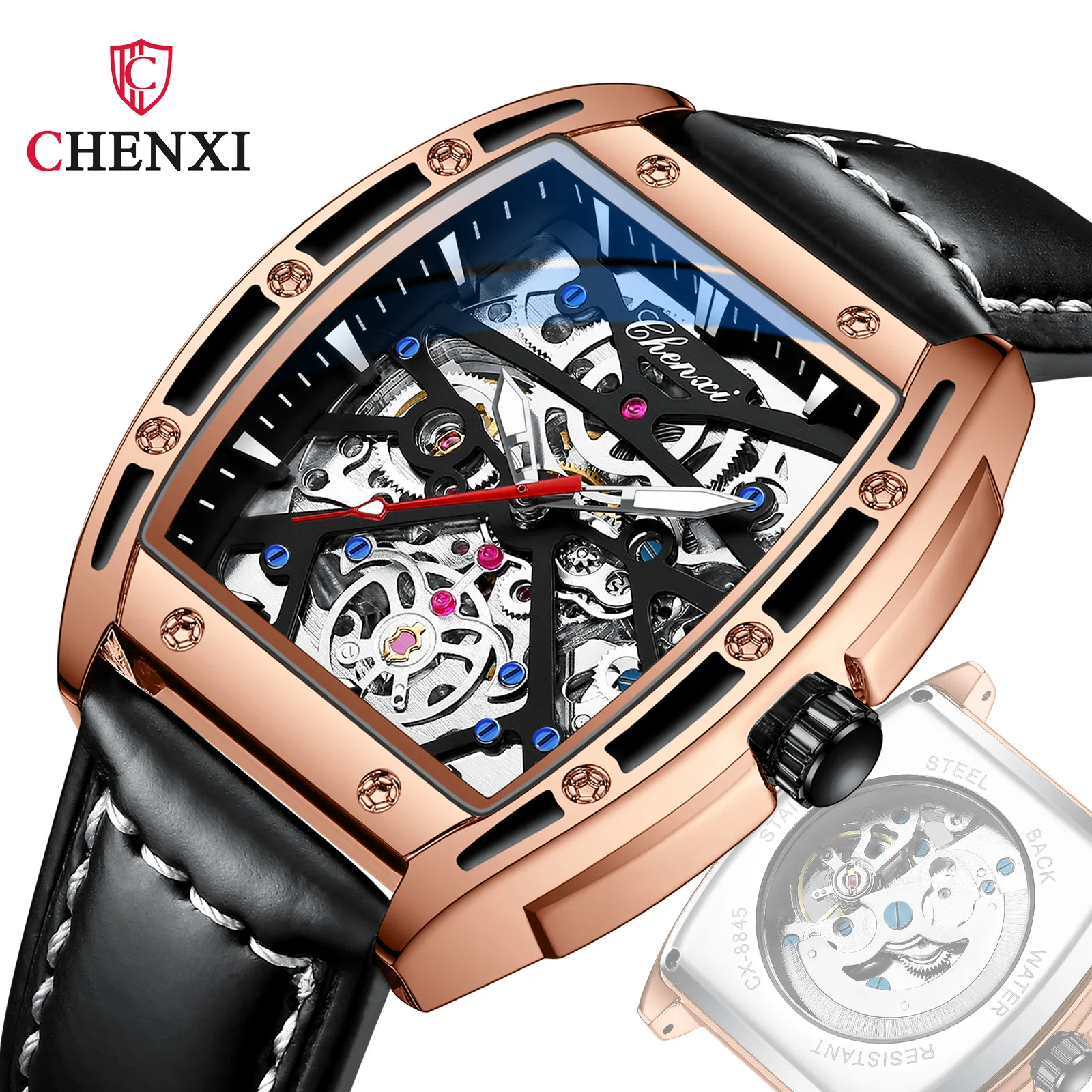 

CHENXI 8885 Men's Mechanical Barrel Shaped Hollow Full-automatic Leather Waterproof Luminous Sport Watch Hand Clock Men Retro