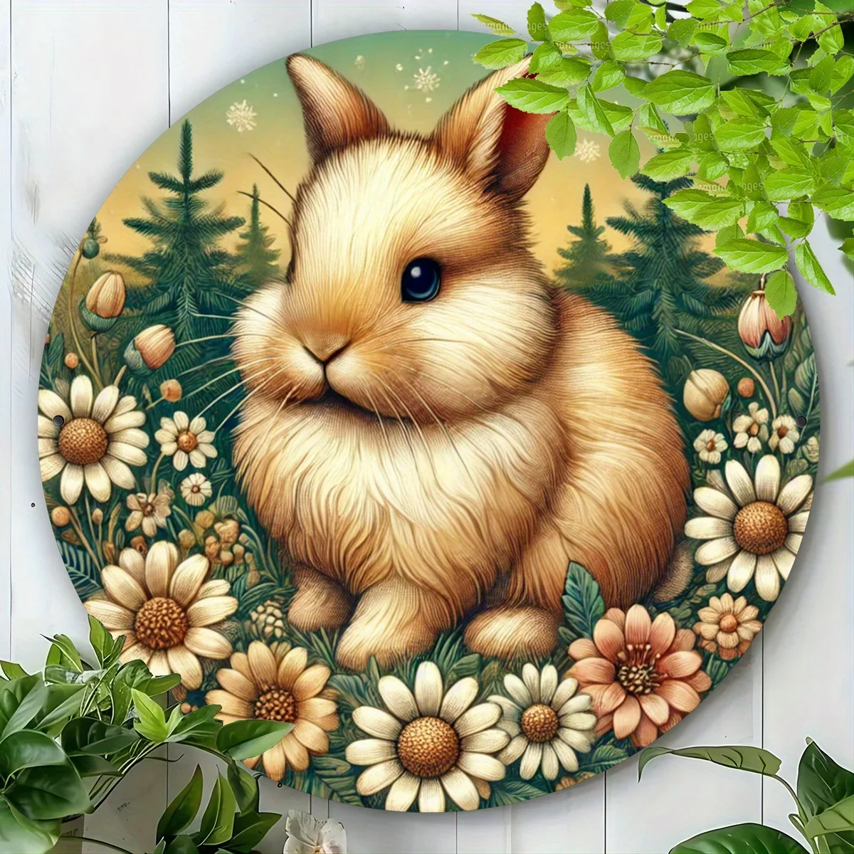 ديكور حائط من الألومنيوم على شكل أرنب وأزهار ساحرة مقاس 8 × 8 بوصة - مقاوم للماء والغبار وسهل التعليق - مثالي للمنزل والمقهى والبار - متين #1