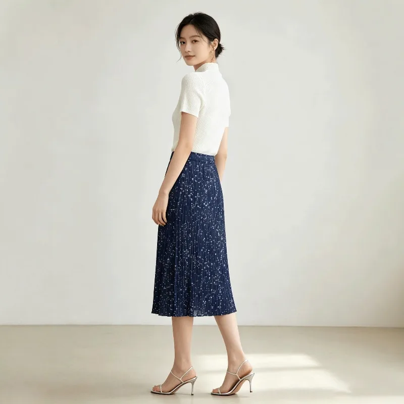 Miyake Floral Pleated Skirt Women 2026 Autumn New Elastic Waist Pleats Straight Mid-Length Jupe Elegant Draped Printed Skirt