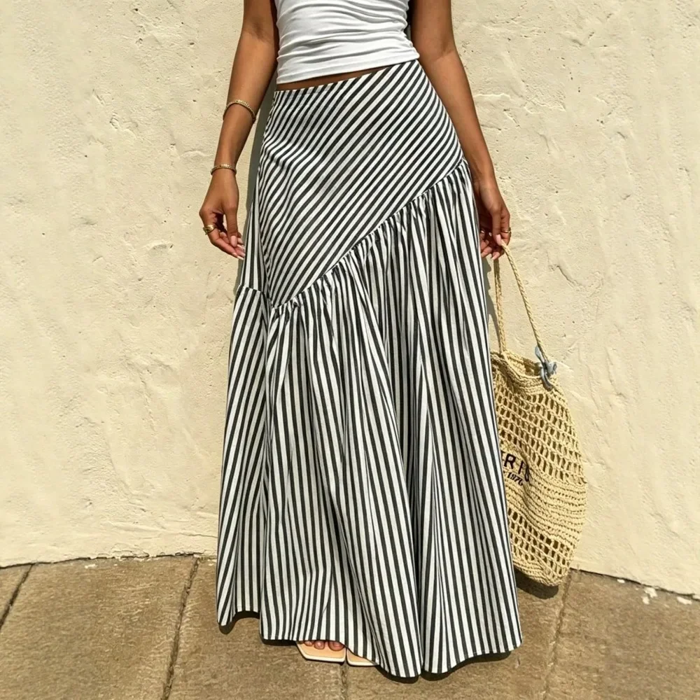 Women High Waist Stripe Patchwork Skirt Slim Fit Elastic Waist Flattering Stretchy Breathable Casual Daily Streetwear