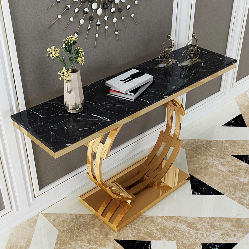 

！@Modern Luxury Marble Top Console Table with Gold Stainless Steel Frame Living Room Corner Table Furniture