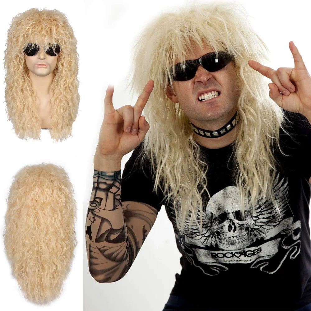 شعر ريترو بانك الاصطناعي المجعد من السبعينيات والثمانينيات، مناسب لكل من الرجال والنساء، شعر مستعار ديسكو روك للعب الأدوار اليومي للحفلات