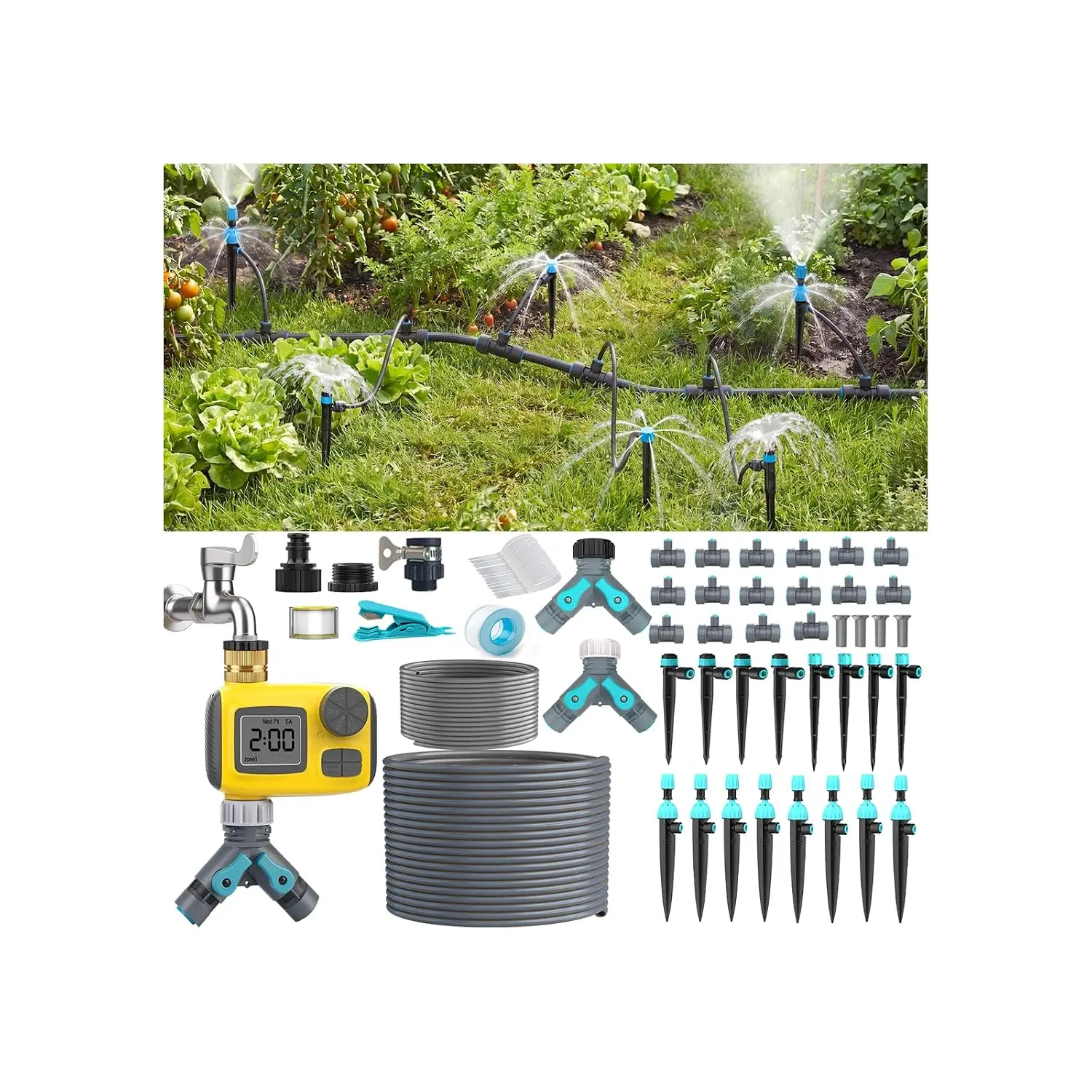 100FT Drip Irrigation System Kit with Timer, 1/2" High-Flow Mainline, 16 Adjustable Nozzles, Easy Snap Assembly for Garden & Lawn