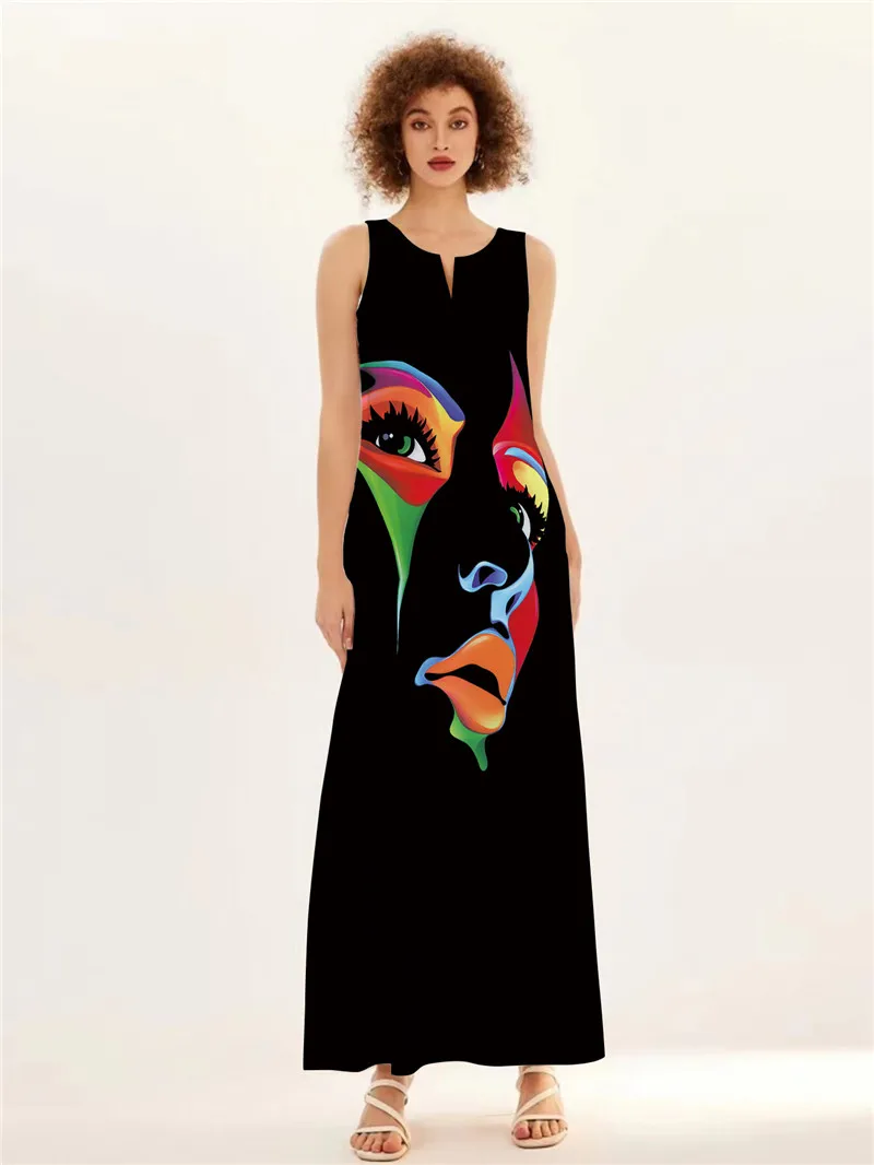 Abstract Mask Printing Dress Sexy Sleeveless Tank Long Dress V-Neck Casual Clothing Women