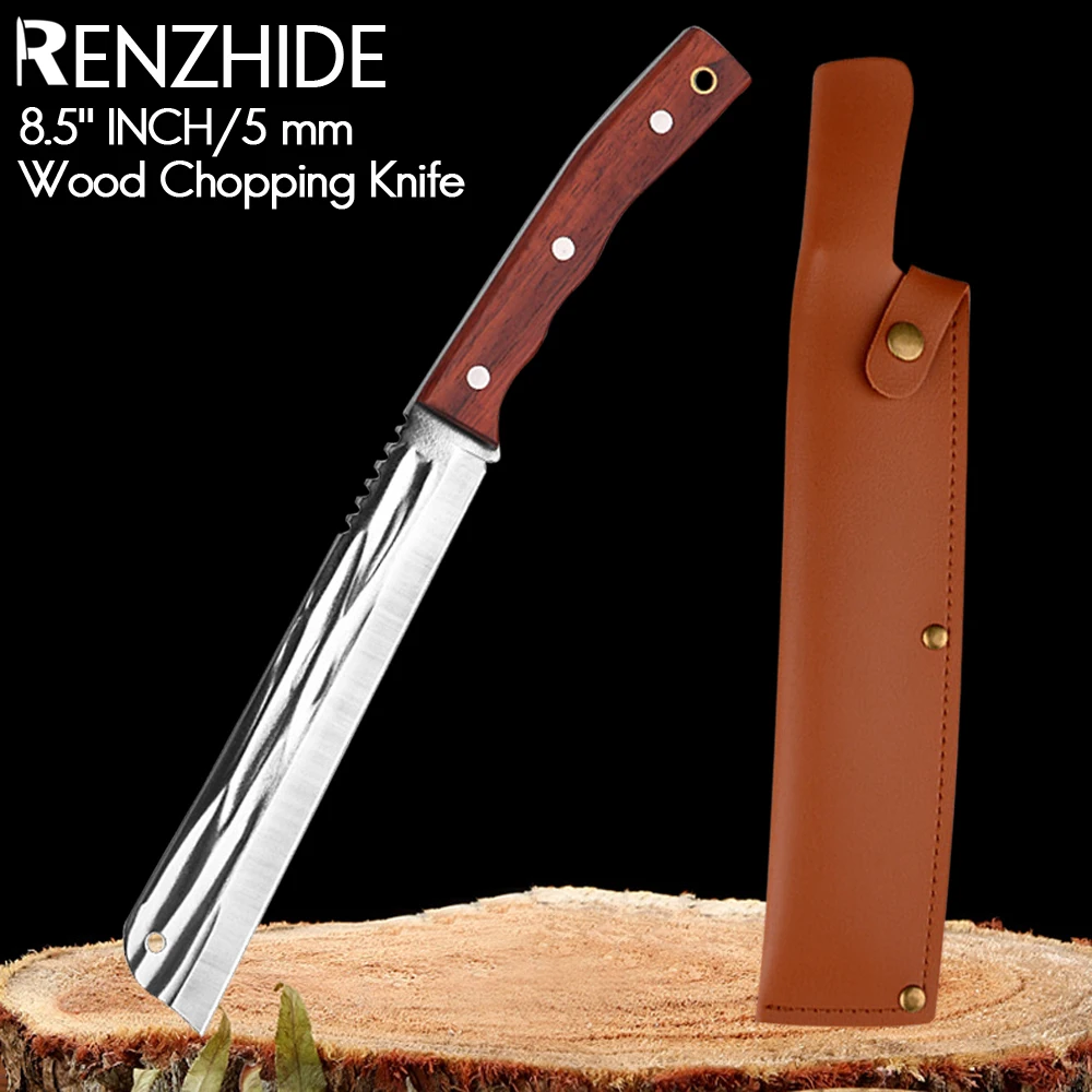 RZD Chopping Forged Steel Knife Cleaver 5mm Blade Cover Sheath Camping Hiking Tool Firewood Kindling Splitting Logs Branches