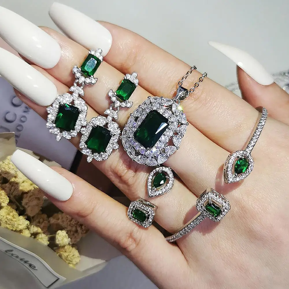 4PCS Luxury emerald drops pendant necklace + earring + ring +bangle for women Shiny Party wedding accessories Gift Jewelry set