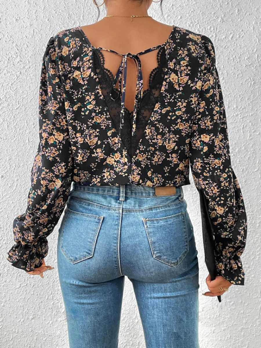 Women's Blouse Spring Summer Black Floral Print V Neck Puff Long Sleeve Ruffle Cuff Valentine's Day Elegant Casual Top