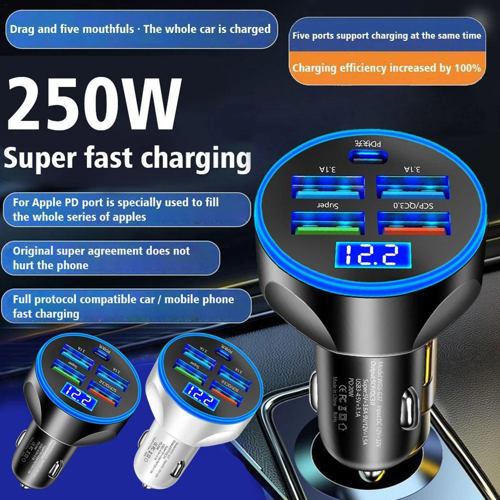 

5 Port Usb Car Charger Type C Pd Qc3.0 Charger Adapter 250W Fast Charging Adapter for Iphone Samsung for Huawei Xiaomi