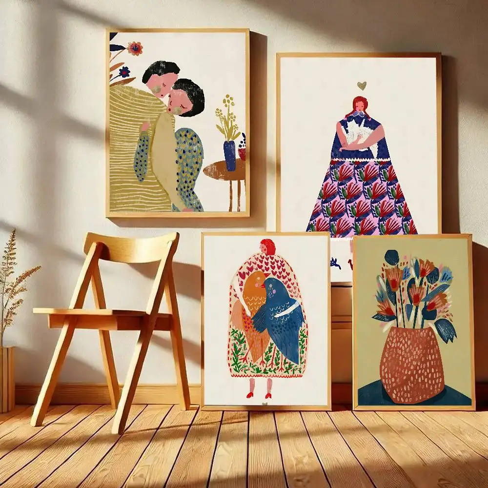 Abstract Woman Bird Cat Flower Fish Poster Art With Prints Home Bedroom Living Room Decoration Gift