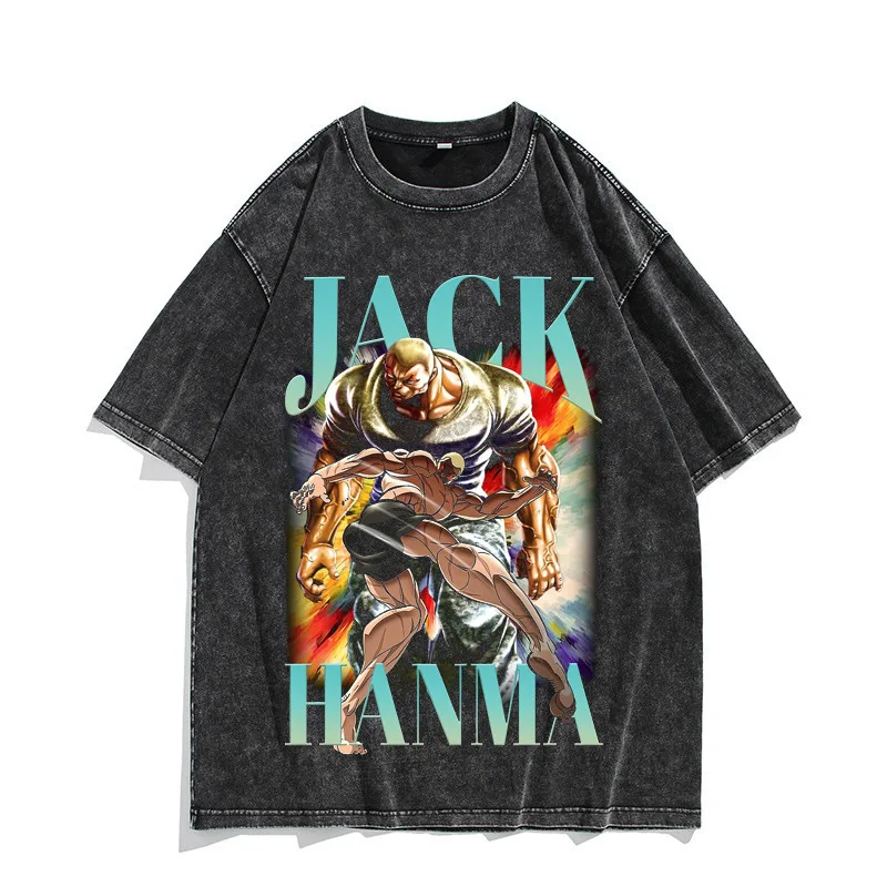 

2025 New European and American Washed Old Retro Short-sleeved T-shirt Anime Jack Fanma Jack Hanma American High Street Top