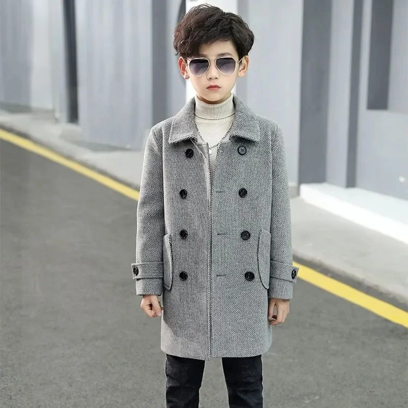 

Boy Plus Cotton Warm Woolen Coat For Autumn Winter 2023 New Fashion Turn Collar Double Singles Twill Pockets Children Trench