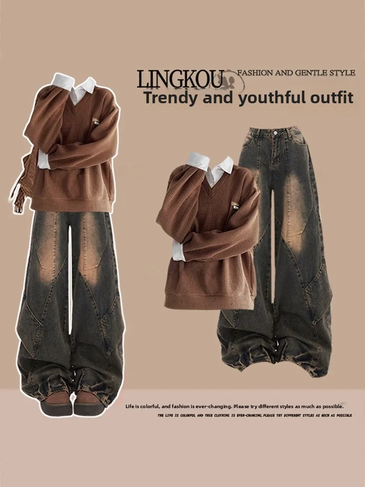 

Large Size Autumnal Vintage Women's Set Casual Slimming Denim Jeans Sweater Two-Piece Ensemble Comfortable Lazy Style Fashion