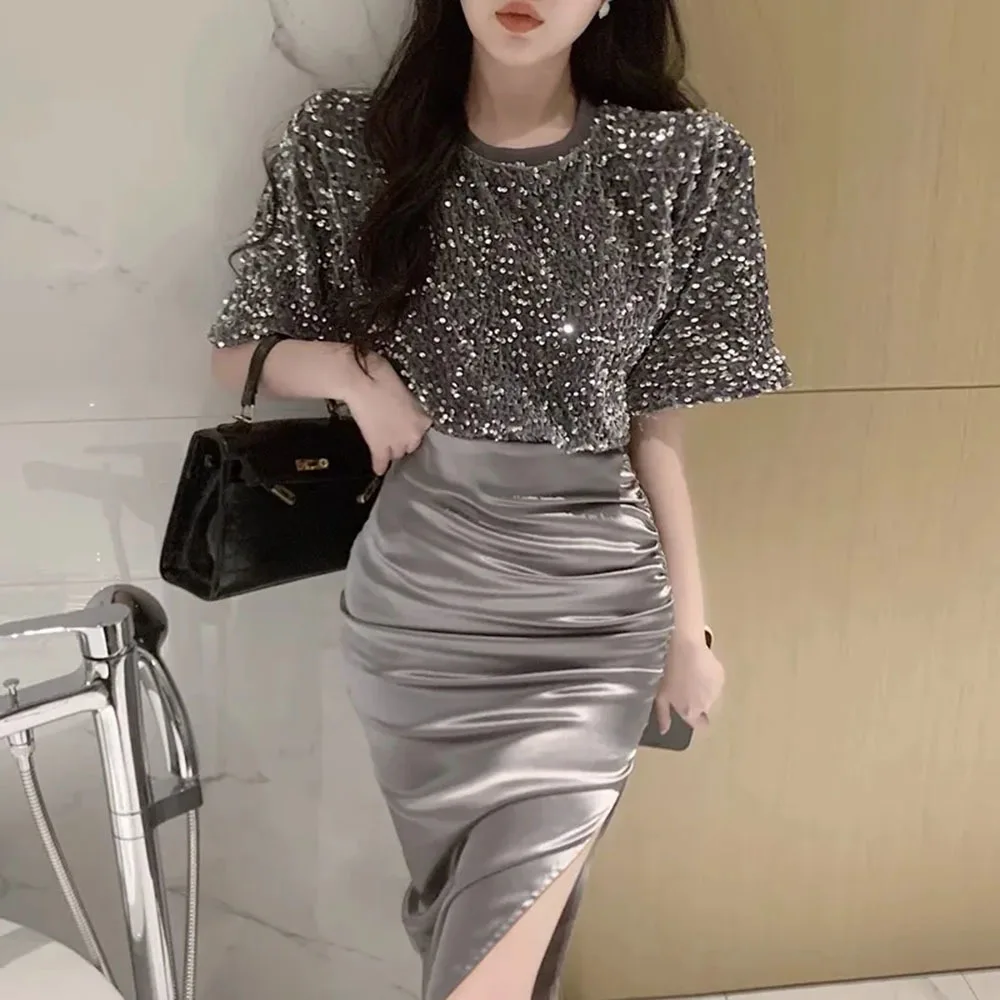 

Women Streetwear Short Sleeve Sequin T-shirt Crop Top + Elegant Pleated Satin Skirt Spring Summer Ladies Temperament Skirts Suit