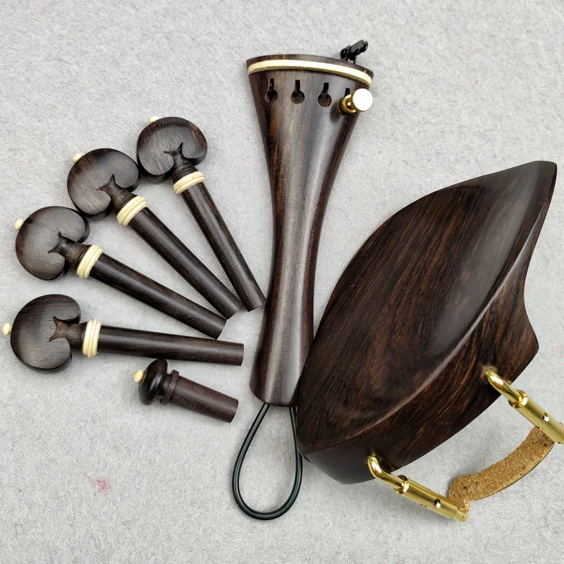 New Shape Violin Parts Accessories Fitting Games,Natural Black Ebony Violin Pegs+Chin Rest+Tailpiece+Gut+Finetuner+Screw