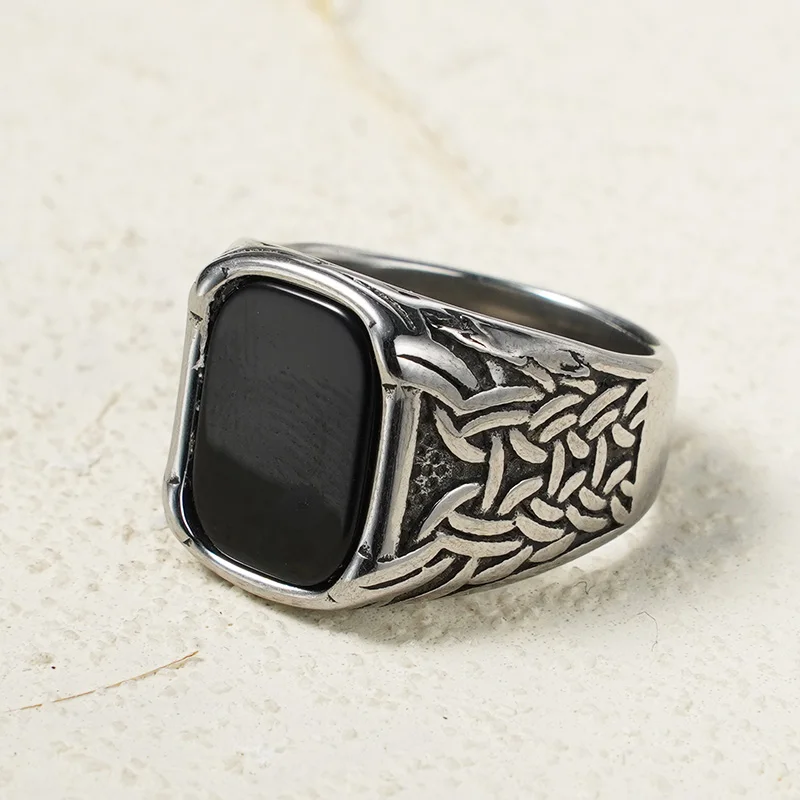 Keltischer Geflochtener Schwarzer Achat Herrenring, 316L Edelstahl Vintage Gotischer Schmuck – Detail 1