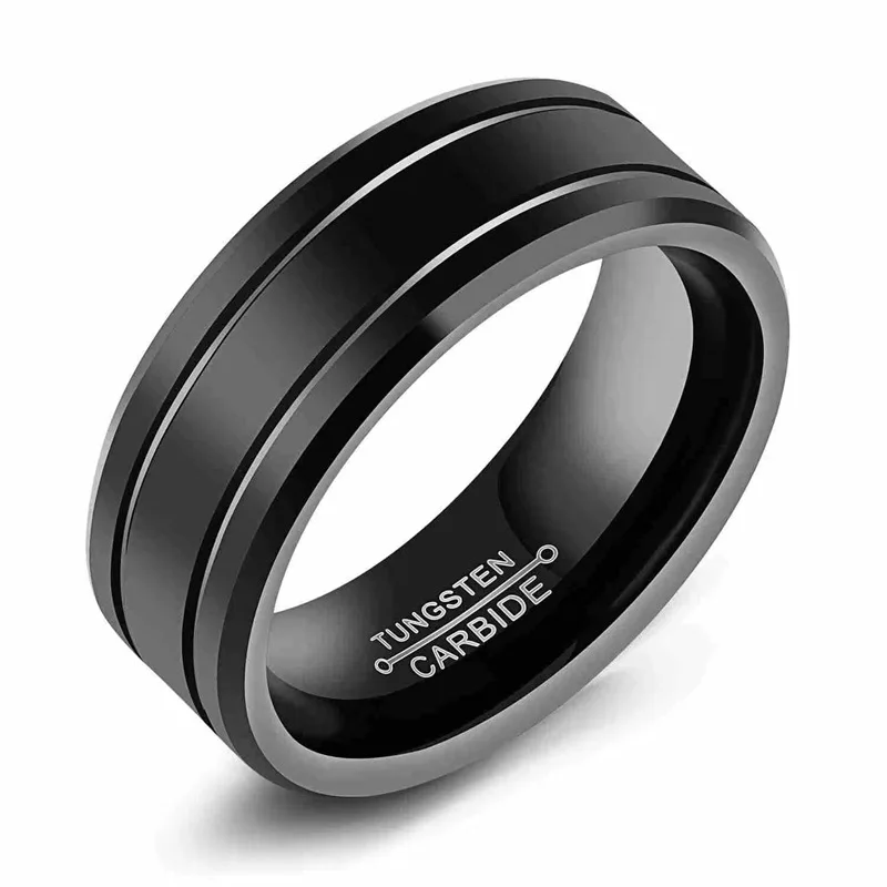 New Men\'s 8mm Tungsten Carbide Ring Black Stainless Steel Ring Beveled Edge Wedding Band Size 6-13 Comfort Fit hot sell