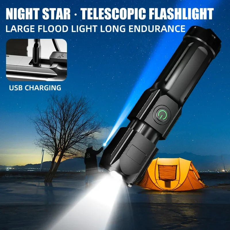 

LED Telescopic Zoom Strong Light Flashlight USB Charging Compact Portable Focused Long-range Portable Household Flashlight