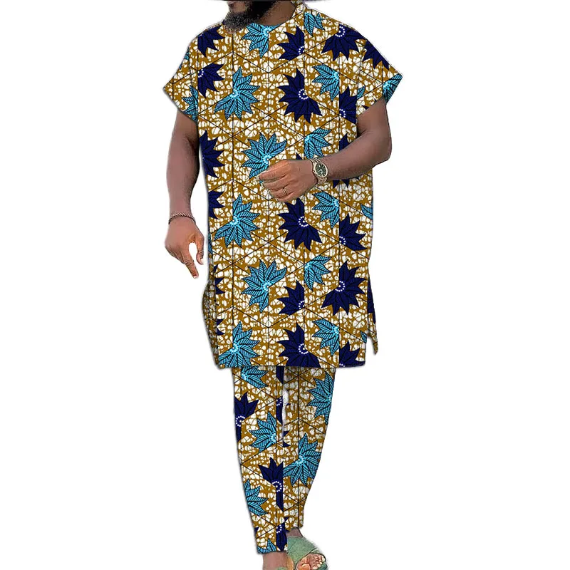 

Original Design African Clothes Men's Set Raglan Sleeve Tops With Pant Nigerian Fashion Print Tailor Made Wedding Party Wear