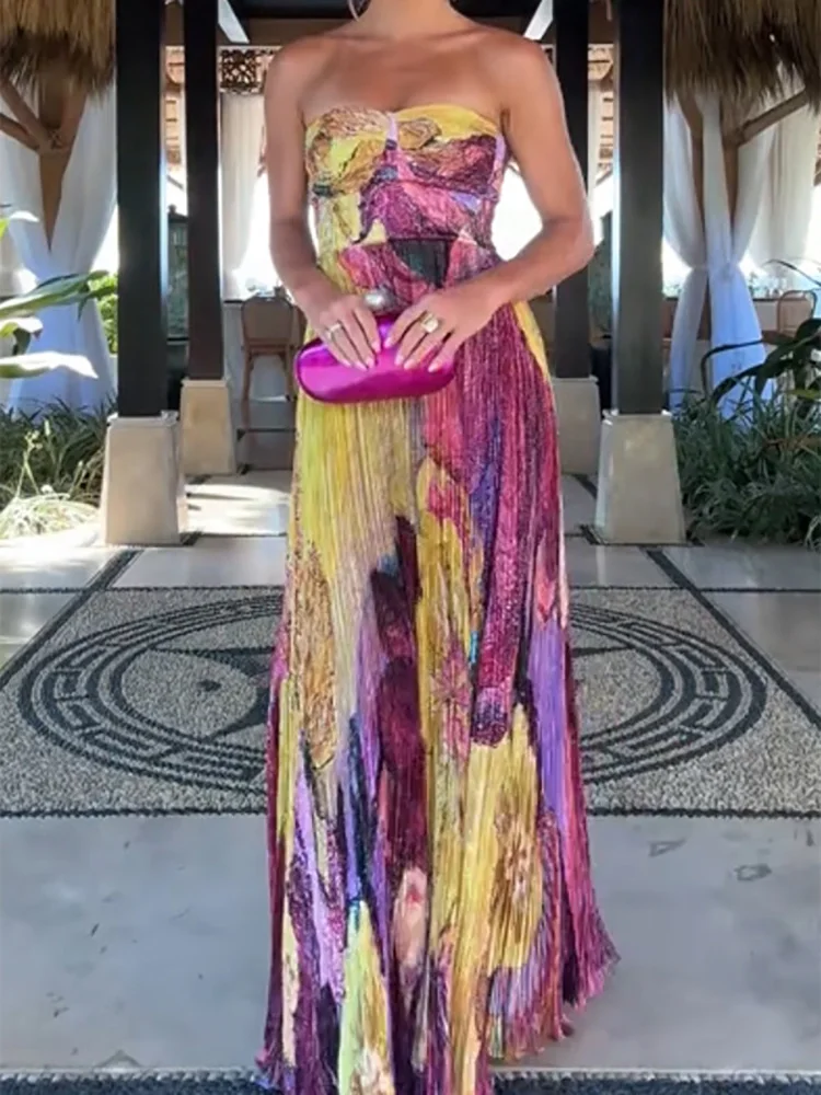 Sexy Backless Patchwork Print Maxi Dress Chic Party Women Folded Floor-Length Dress Female Casual Slim Fit Summer Beach Dresses