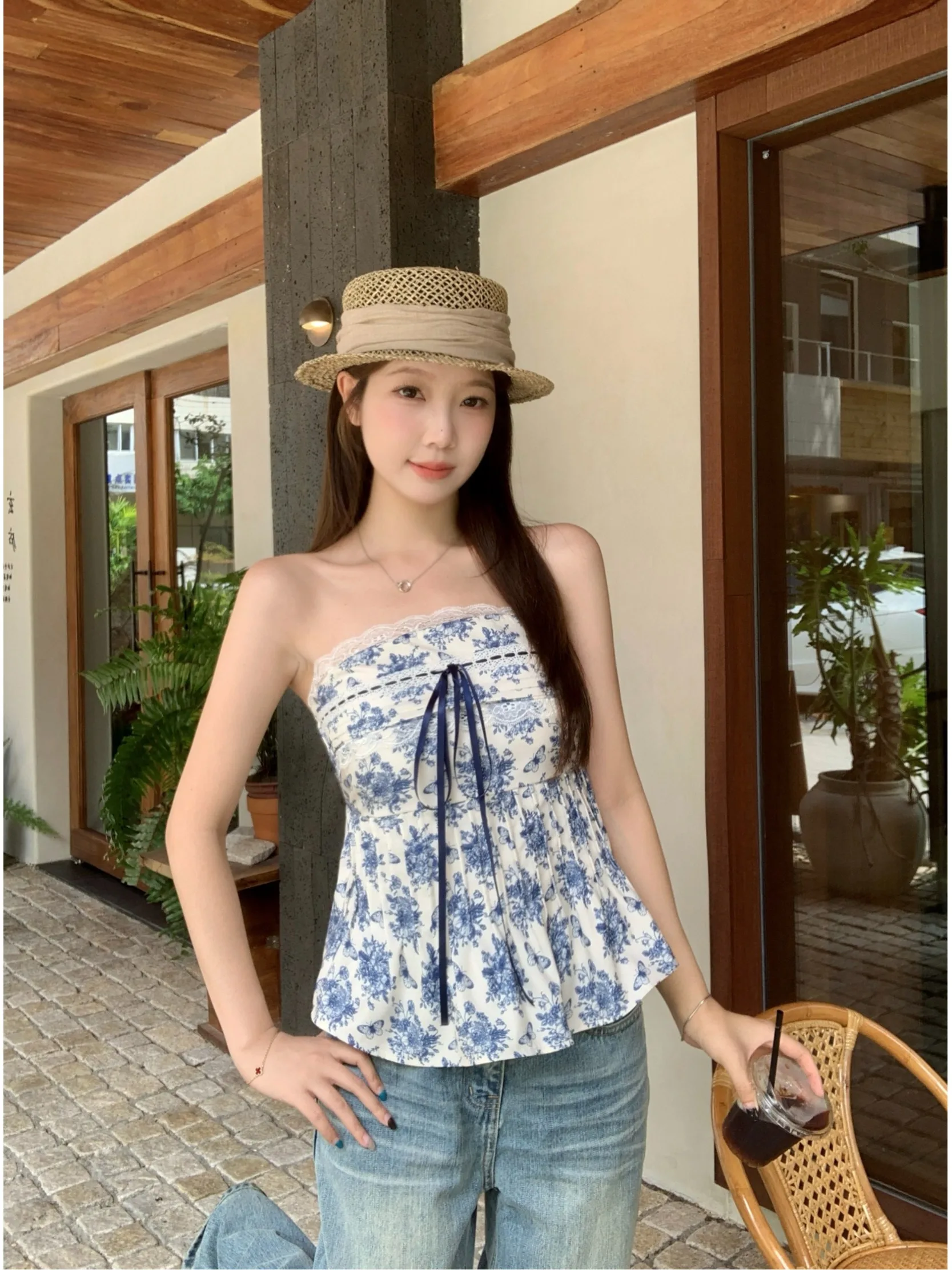 

plus Size Women's Vintage Blue Porcelain Lace Crop Top Summer Slimming Design Sensation Backless Vest Korean Style Commute