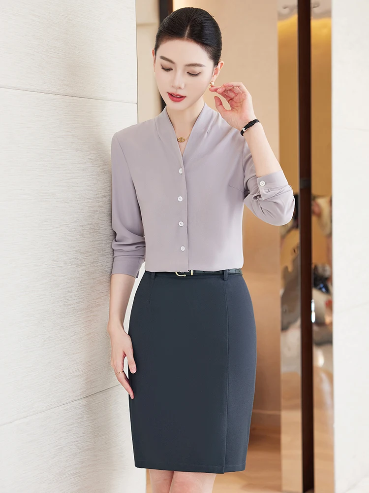 

Busin Formal Long Sve V-Ne irt Women Early Autumn Commute Beau Salon Front Desk Work orm Profional Dr Code