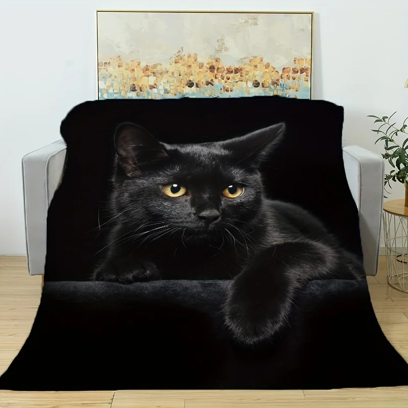 1pc Black Cat Animal Print Flannel Blanket Warm and Comfortable Blanket for Sofa Bed Office Camping Travel Home Decoration