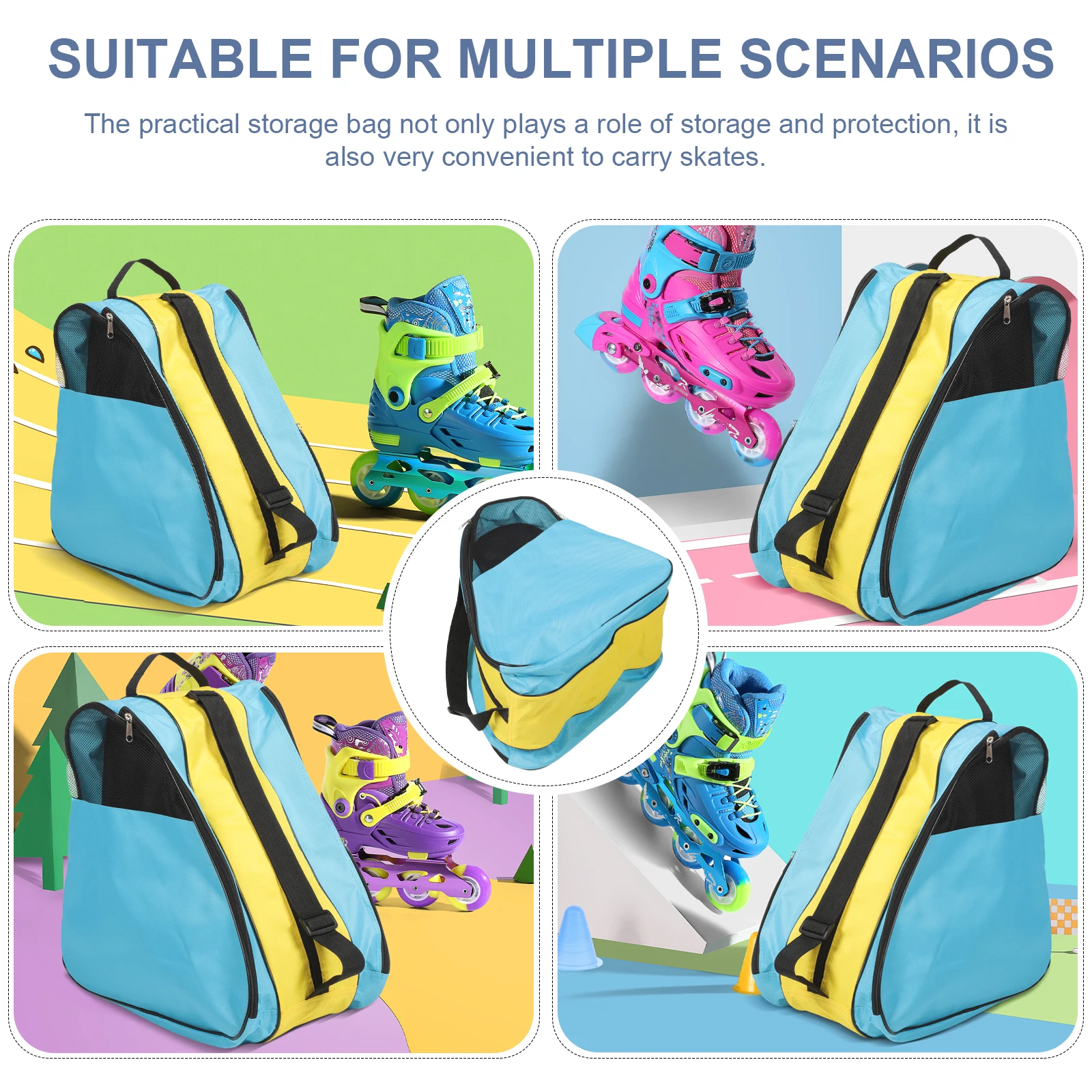

Roller Skates Backpack Skating Shoe Storage Bag Nylon Shoulder Holder Yellow Half Mesh Design Travel