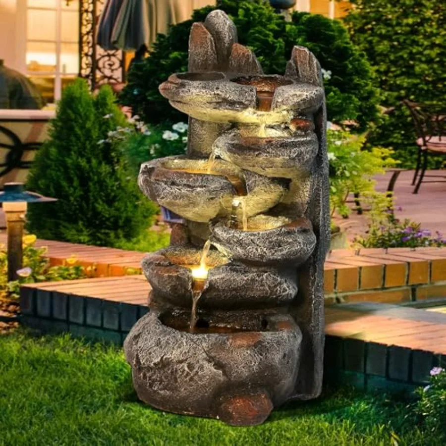

6-Tier Cascading Rock Water Fountain 27 H Outdoor Freestanding Rockery Fountain with LED Light and Pump Natural Stone Look Outd