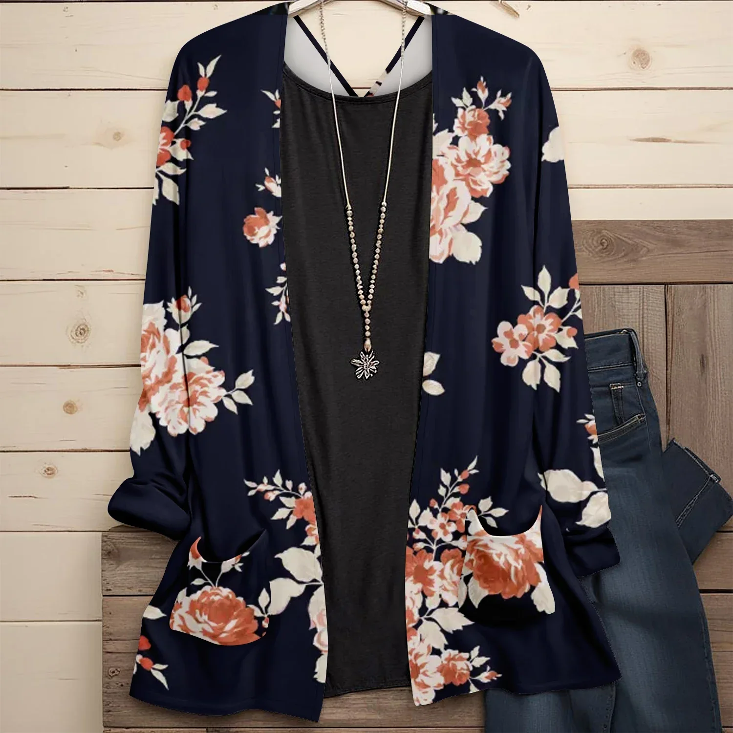 European and American Plus Size Casual Flower Cardigan Ladies Fashion Color Block Long Sleeve Open Front with Pockets Cardigan