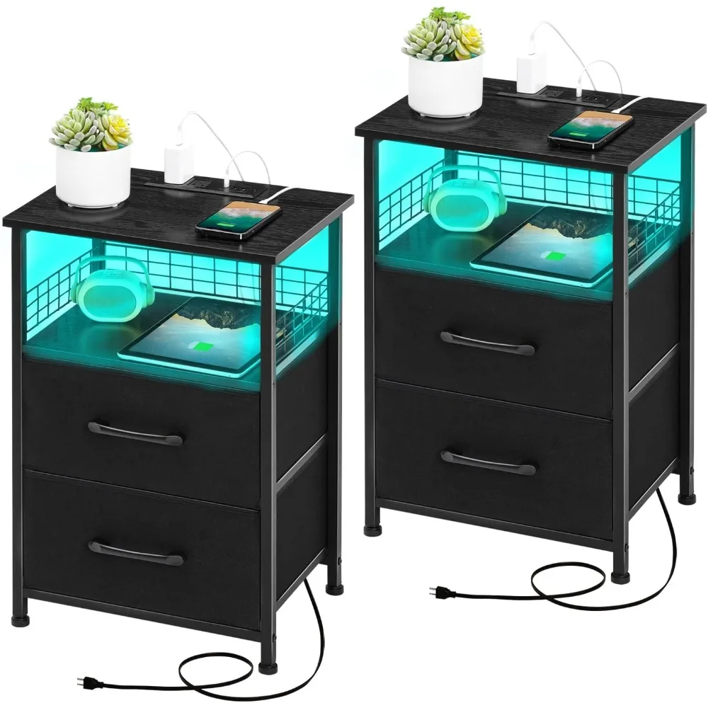 

Nightstands Set of 2 with Charging Station, Night Stand with 20 Colors LED Lights and Fabric Drawer, Side Tables Bedroom