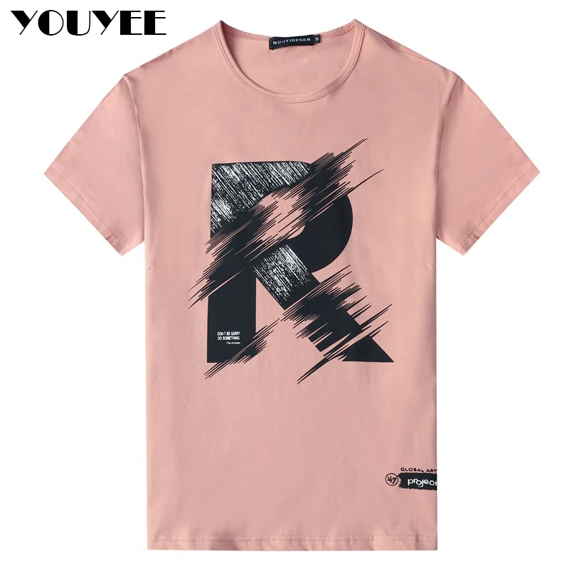 Mens Causal T-shirt Short Sleeve Summer Fashion Alphabet R Print Pink Tees Youth Base Tops O-Neck High Quality Man Clothing M-4X