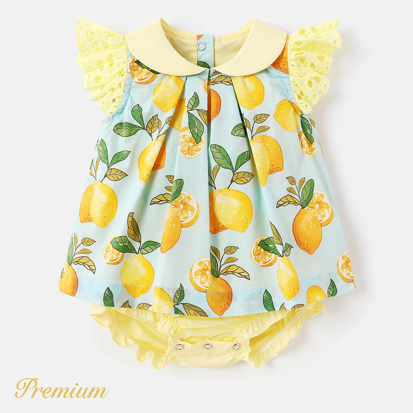 PatPat Baby Girl 100% Cotton Allover Lemon Print Peter Pan Collar Flutter-sleeve Romper