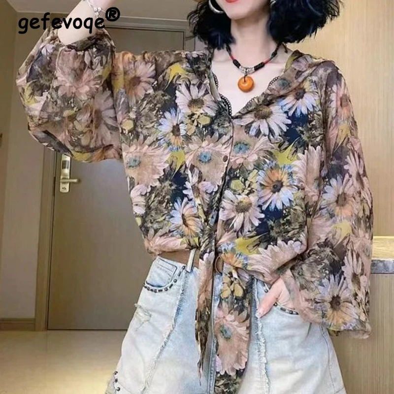 Women Vintage Floral Print Hooded Thin Sunscreen Shirts Summer Fashion Lace Up Loose Long Sleeve Blouses Streetwear Casual Tops