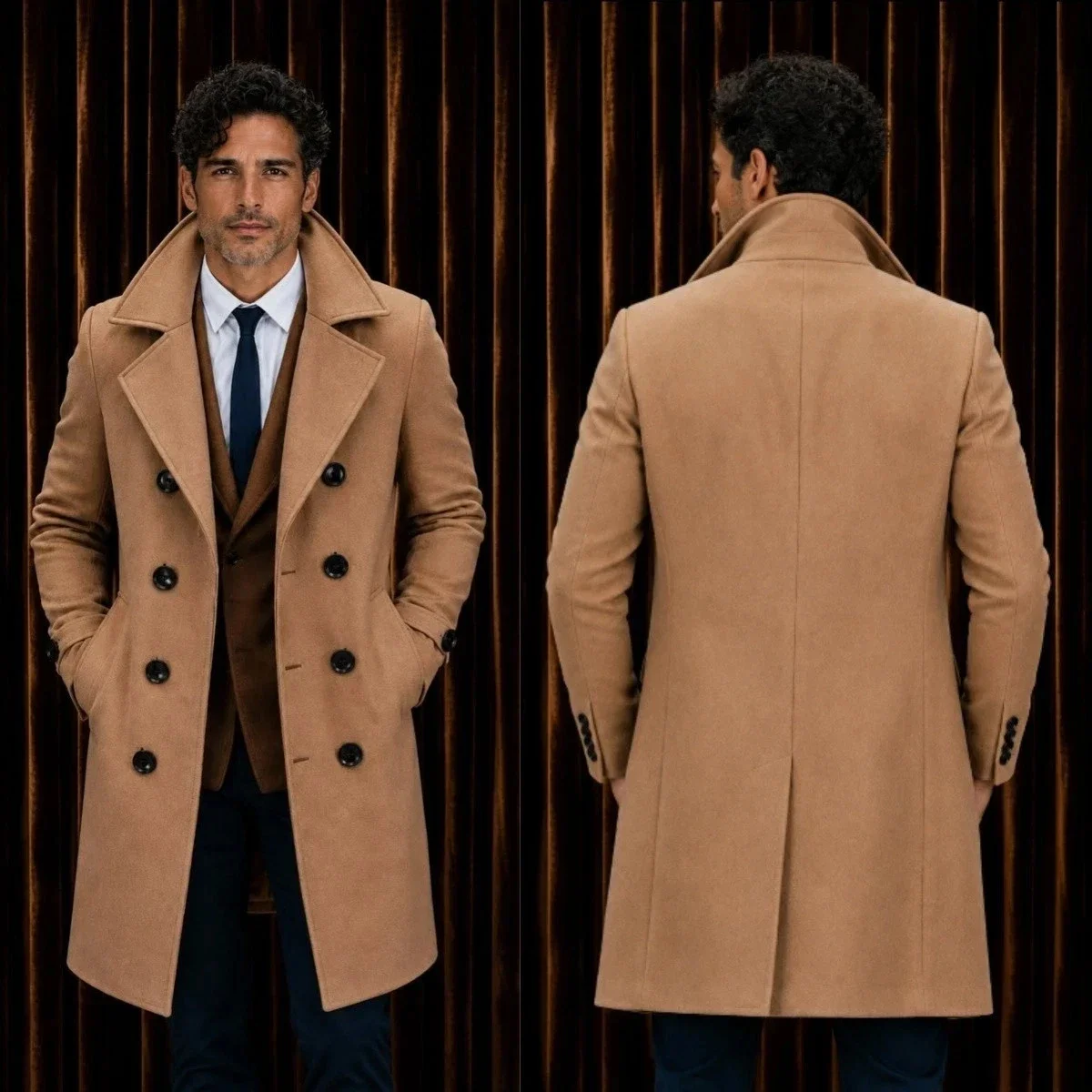 Vintage Wool Blend Men Long Overcoat Brown Plaid Tweed Double Breasted Wide Peak Lapel Formal Busines Only Coat Customized
