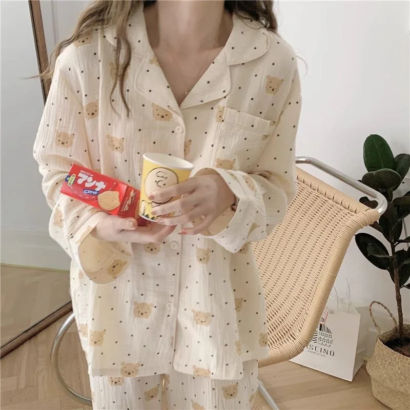 New Women\'s Rustic Style Floral Lapel Cardigan Pajamas Loungewear   Ladies Imitation Cotton Wrinkled Fabric Girl Sweet Set Women