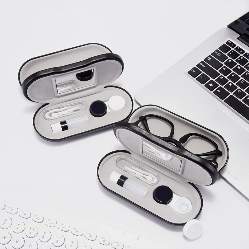 【R】2In1 Double Layer Glasses Box Contact Lens Case For Men Women Creative Dual Use Glasses Case Eyewear Leather Box Unisex Gift
