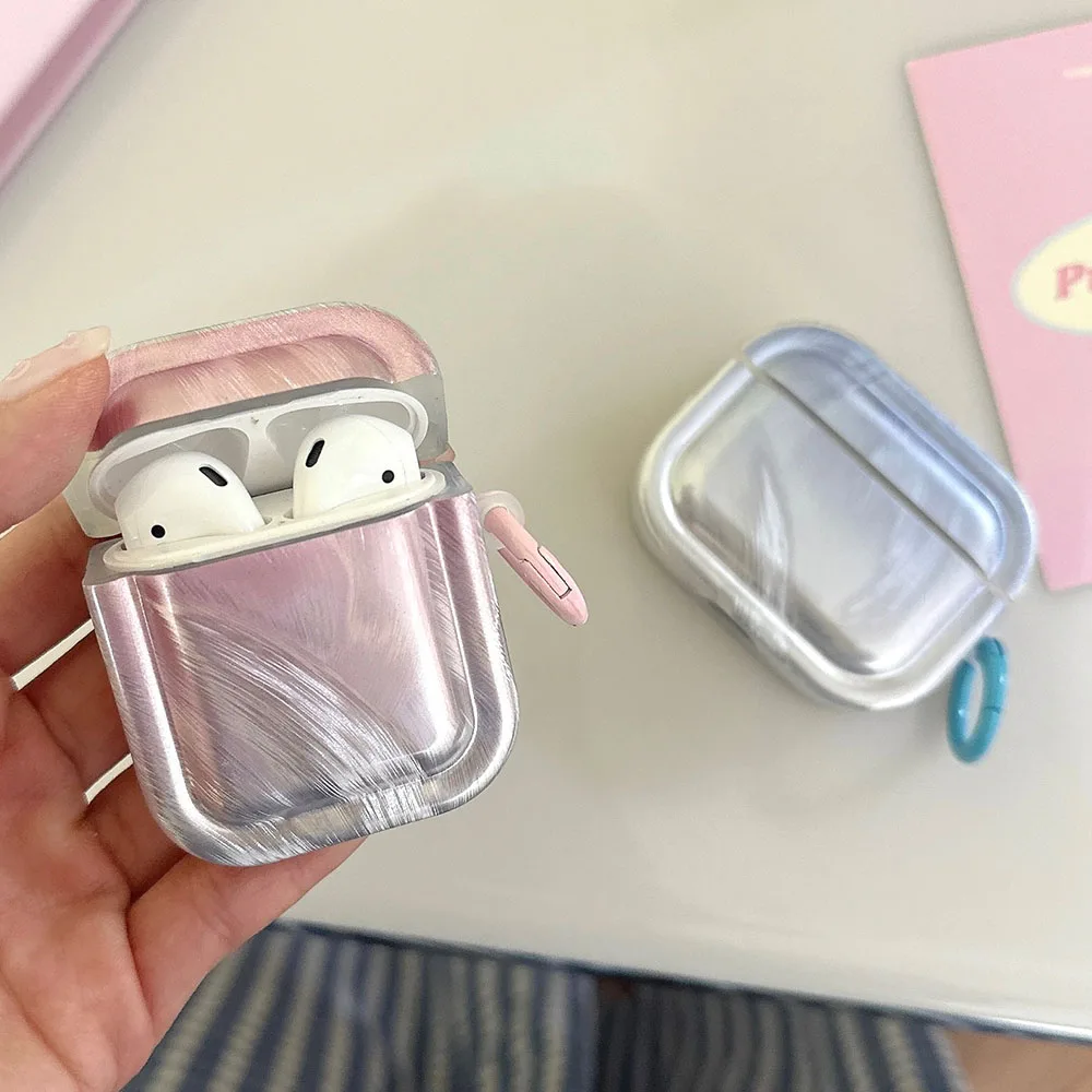 حافظة فتاة متدرجة جميلة لأجهزة AirPods Pro 2nd حافظة لأجهزة Airpods 3 2 1 Pro غطاء سماعة أذن بنمط ريشة فضية مع سلسلة مفاتيح حلقية
