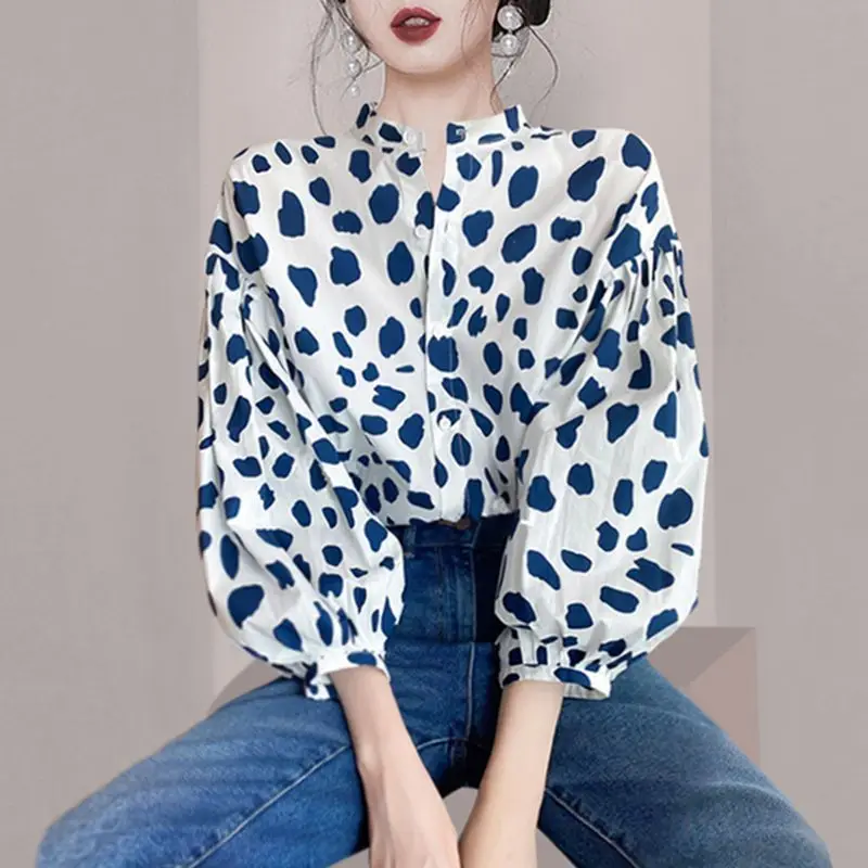 Age Reducing Design Bubble Sleeves Polka Dot Shirt New Women\'s Fashion Retro Niche Chiffon Top