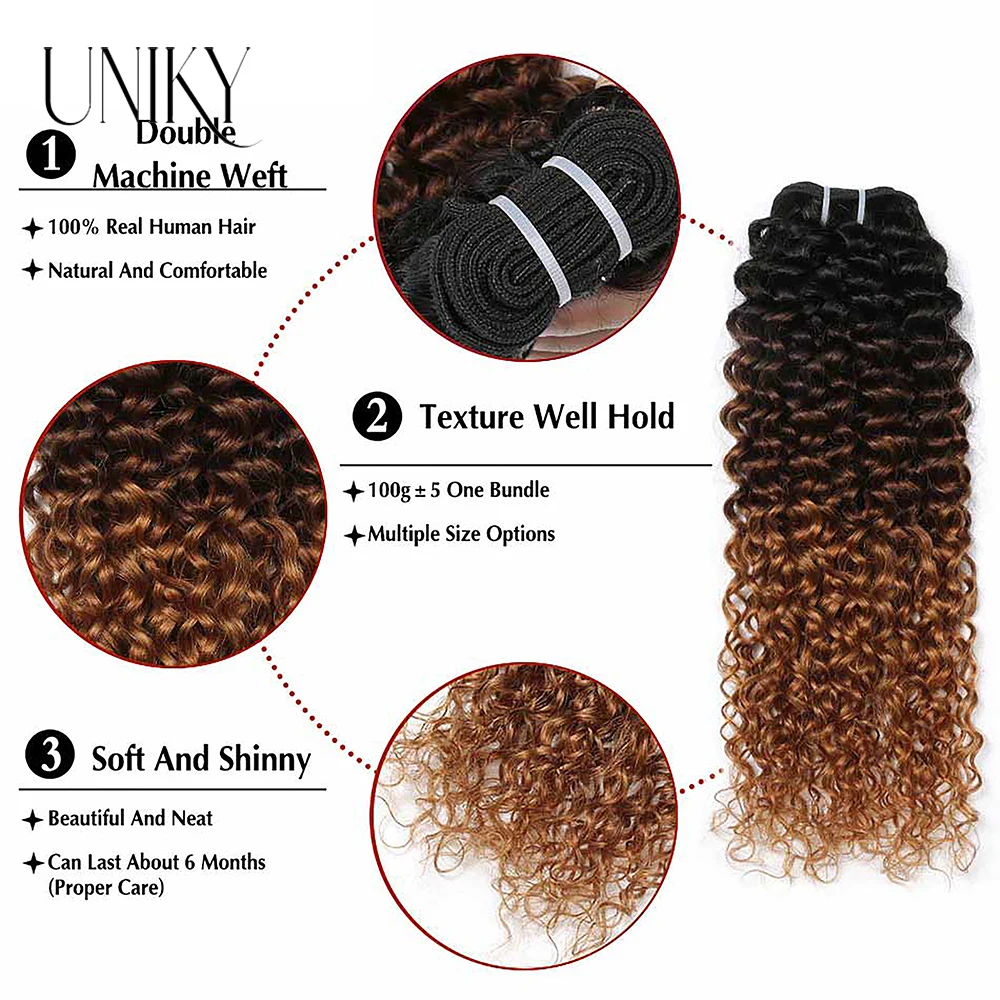 Afro Kinky Curly Cabelo Humano Weave, 4 Pacotes, 4 Encaracolados, 4x4, Parte Livre, Lace Front Encerramento, 1B, 4, 30, Transparente