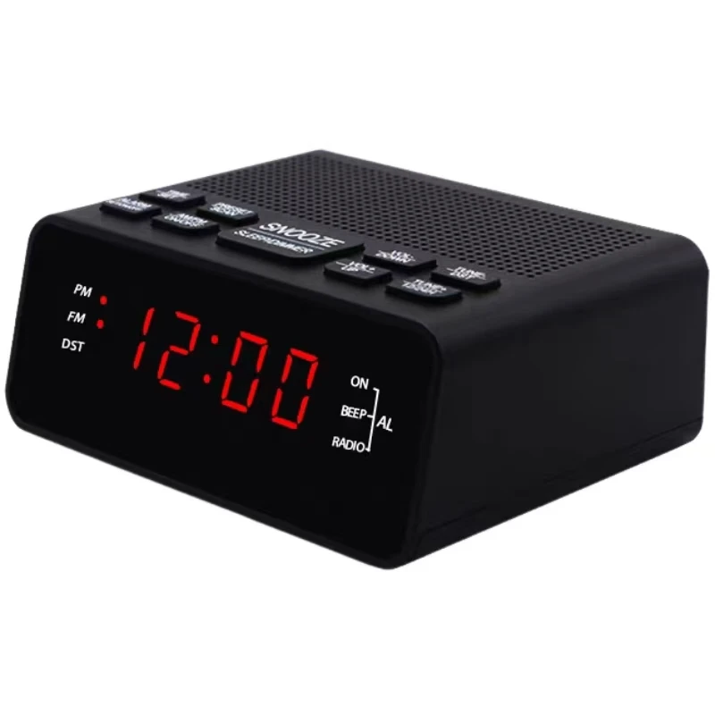 

Компактный цифровой будильник с FM-радио, двойным звуковым сигналом, функцией повтора, красным LED-дисплеем