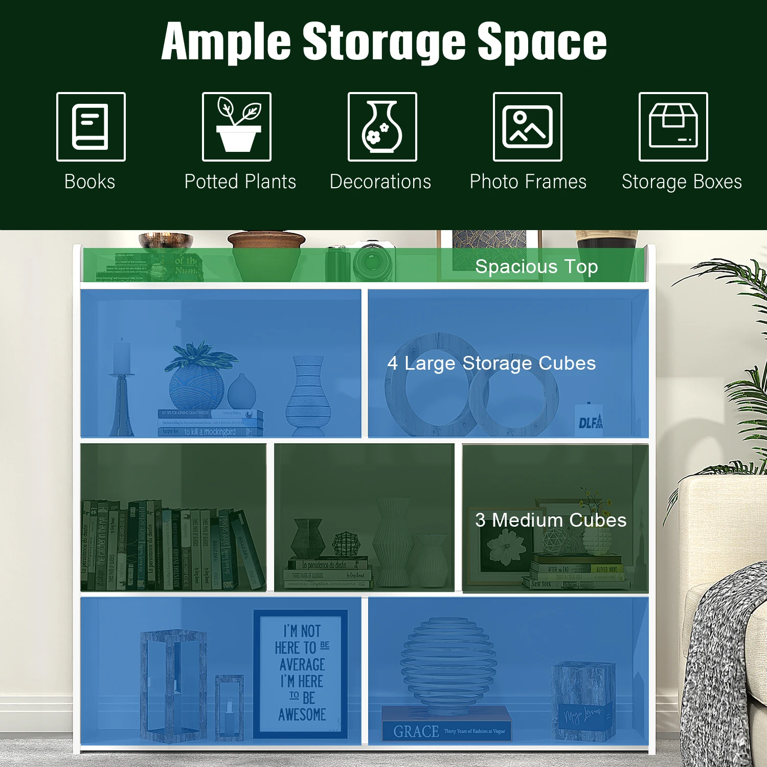 وحدة تخزين مكونة من 3 طبقات و7 مكعبات وخزانة كتب ومنظم أرفف المكاتب المنزلية باللون الأبيض