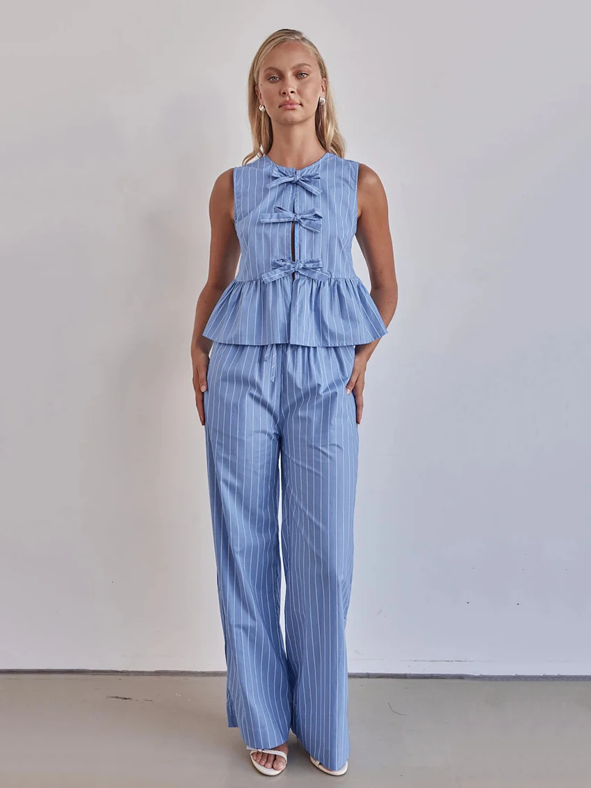 Marthaqiqi Summer Women Pajamas Set O-Neck Sleepwear Crop Top Nightwear Lace Up Nightie Sleeveless Pyjamas Pants Nightgowns Suit