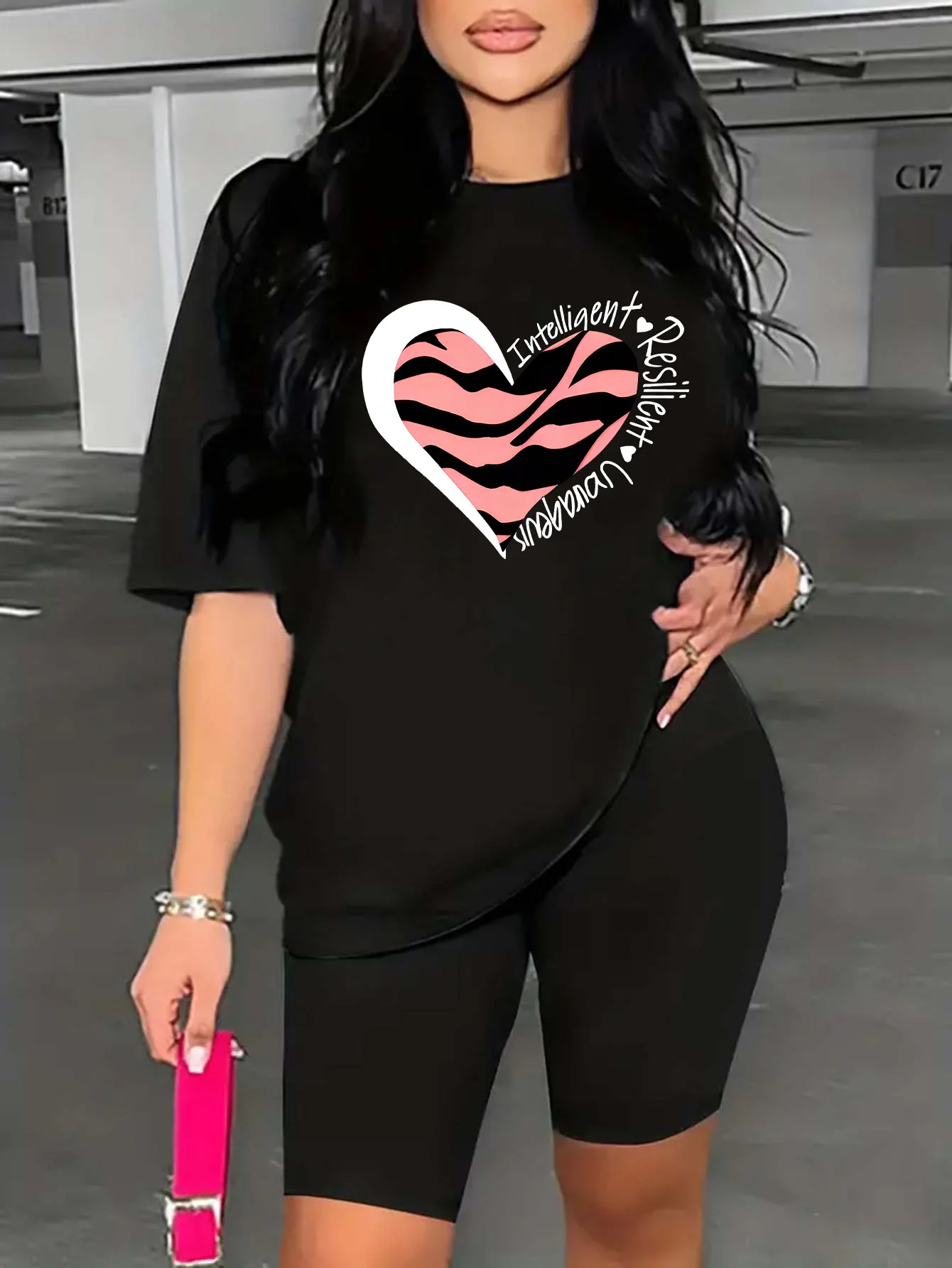Heart Leopard Print Set, Short-Sleeve Round Neck T-Shirt & High Waist Biker Shorts, Fashion Printed Casual Sportswear Outfit