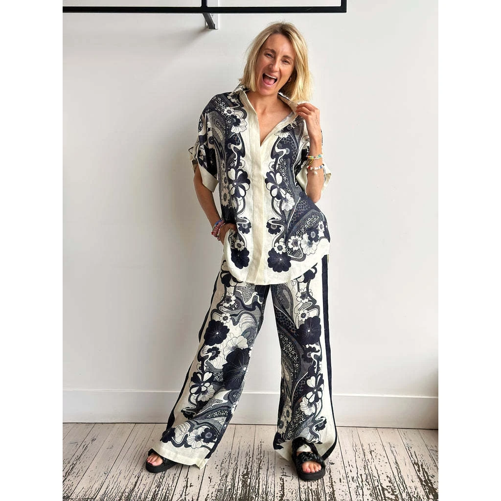 

Faionable Linen ort Sve Свободный комплект Ele Повседневная молодежная осенняя одежда Футболка из смеси полиэстера Длинные брюки Sve