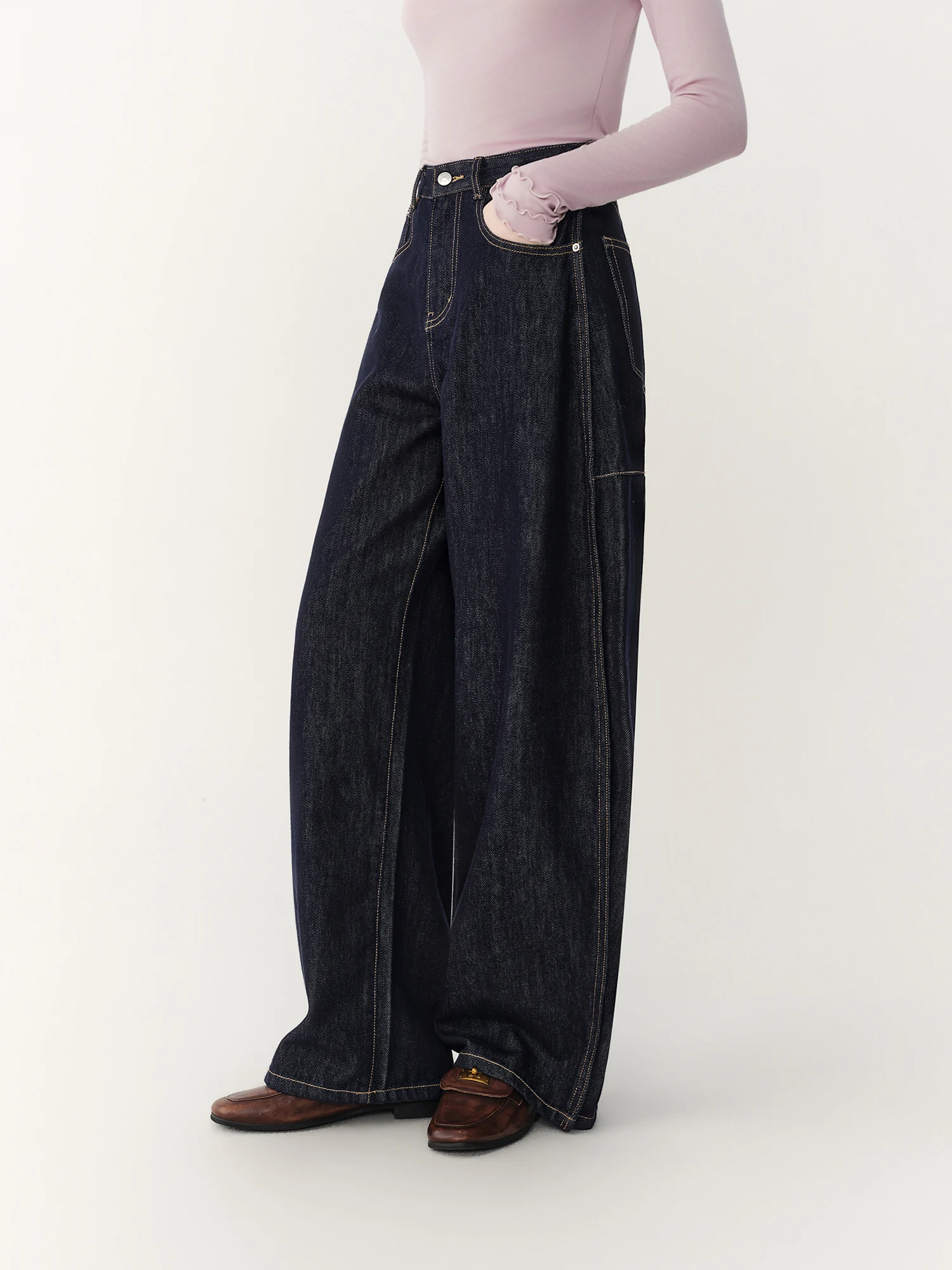 FSLE 2026 Winter Women's Raw Indigo Relaxed Fit Barrel Leg Jeans - Soft Cotton High Waist Casual Pants for Everyday Wear