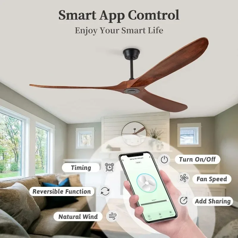 Chriari 70'' Ceiling Fan with Remote/App/Voice Control, Wood Ceiling Fan with 3 Walnut Blades and Reversible DC Motor