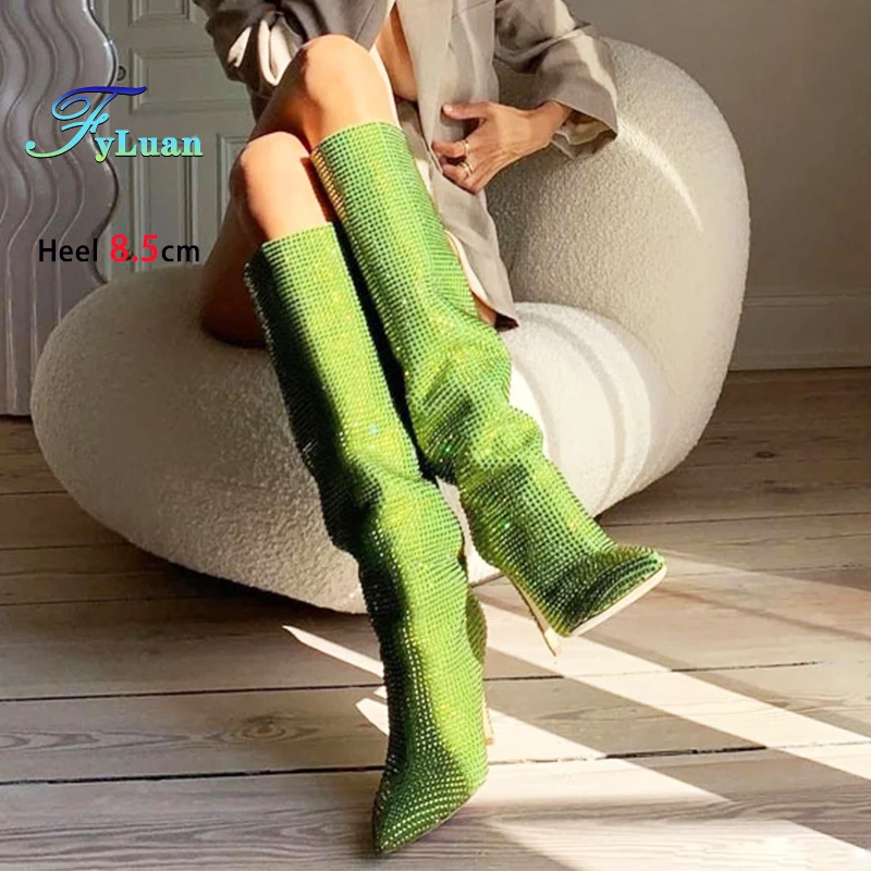 Luxury Rhinestones Blingbling Pointed Long Boots For Women 8.5CM Stiletto Heels Knee-high Model Stage Show Shoes Botas De Mujer