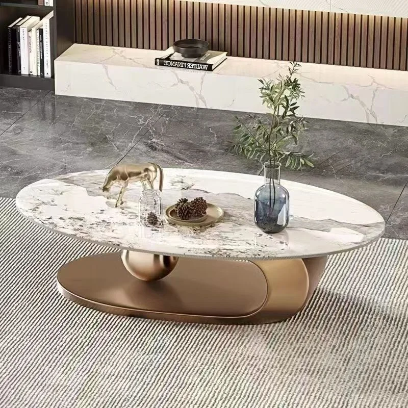 Light Luxury Nordic Style Metal Oval Coffee Table Simple Rock Slab Design for Small Apartment   Cofee Table طاولات Couchtische