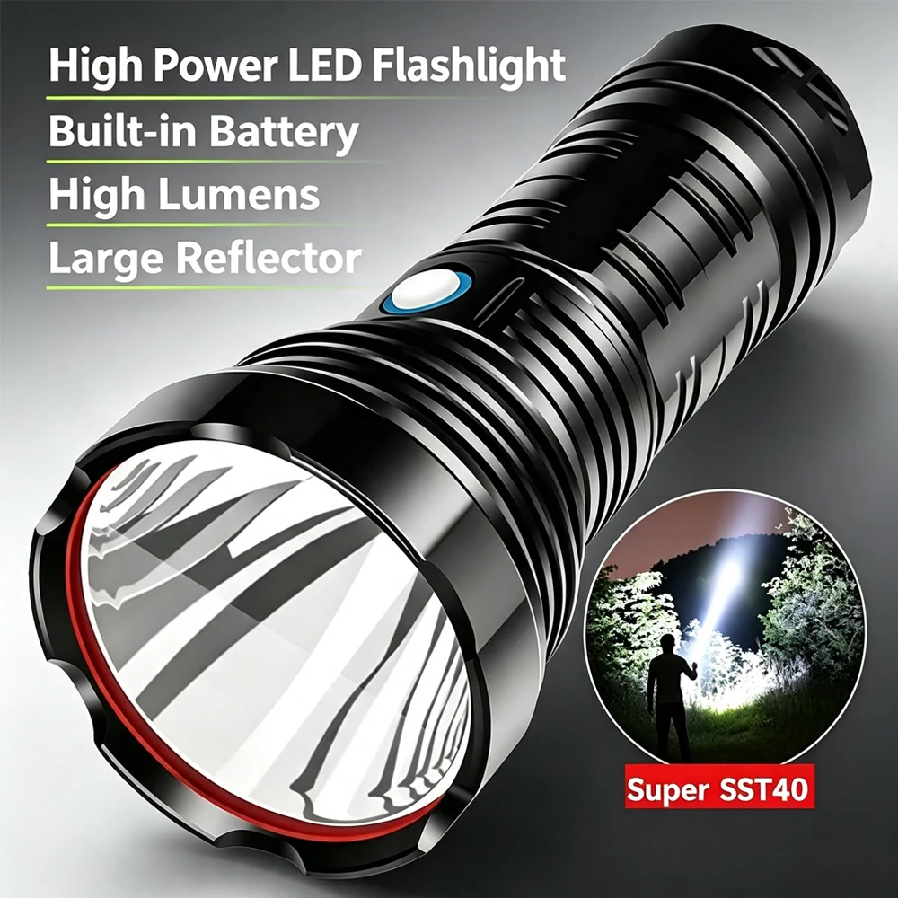 Hochleistungs-LED-Taschenlampe, superhelle Taschenlampe mit großer Reichweite, wasserdichte, wiederaufladbare Handlaterne vom Typ C über USB für den Außenbereich