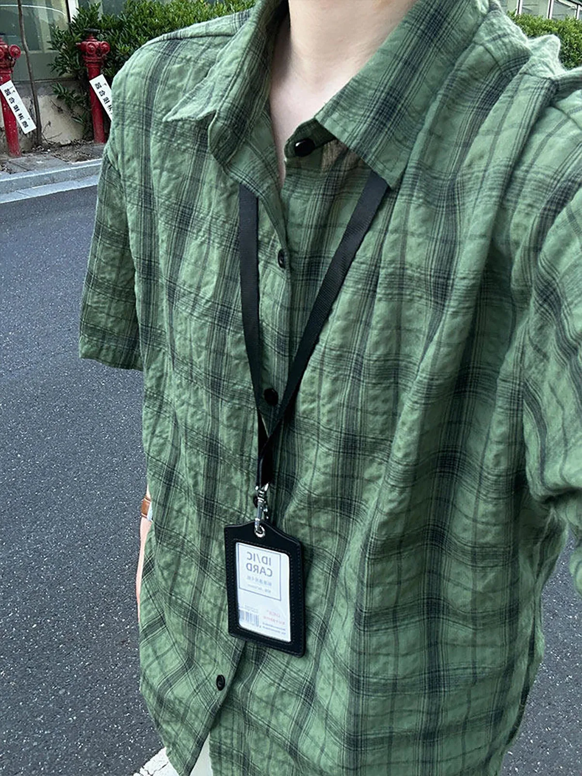 

Green Dopaamine Short Sleeve Shirt Men's Thin Commute Dyed Checkered Open Cardigan Cool Collar Half Sleeve Casual Summer Top